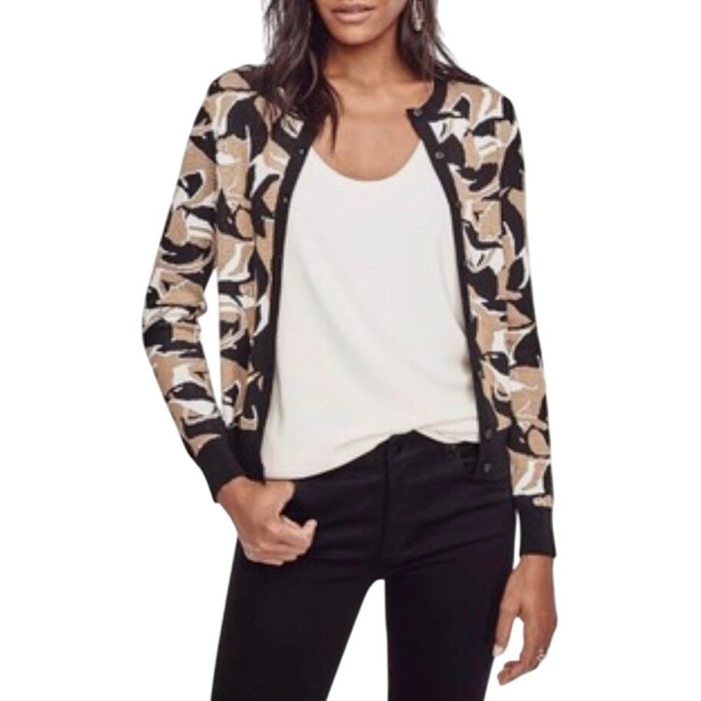 Ann Taylor Black Gold White Abstract Print Long Sleeve Button Cardigan Sweater L